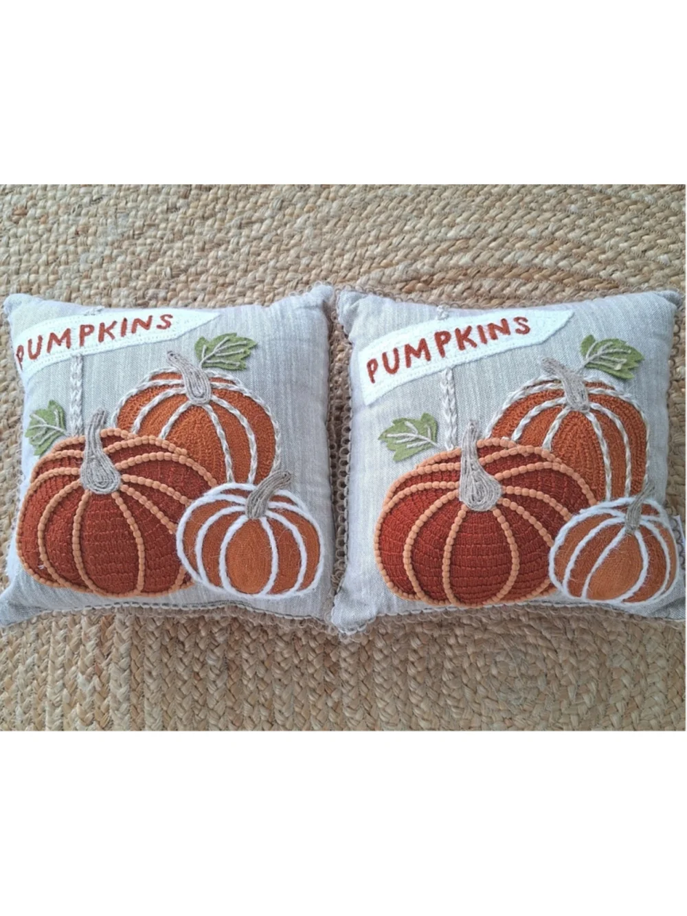 Set Of Two GILDED MAPLE Pumpkin Decorative Throw Pillows Flax Fall Decor 11X11